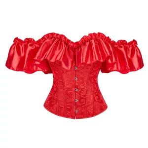 Women's Retro Court Style Satin Corset Top Off-the-Shoulder Ruffle Sleeve Lace-up Slim Body Shaping Bustier