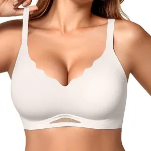 Seamless plus size push up bra for women, wireless soft support, scalloped edge design.