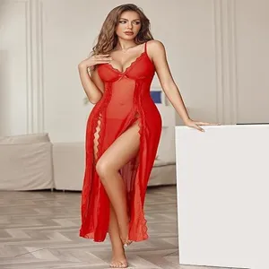 Red lace sheer long nightgown for women, sexy high slit slip dress for romantic night.