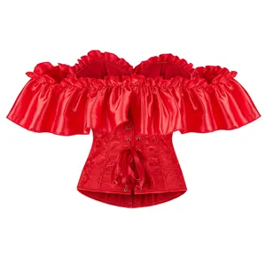 Red satin off-shoulder corset top with dramatic ruffles and lace-up front design.