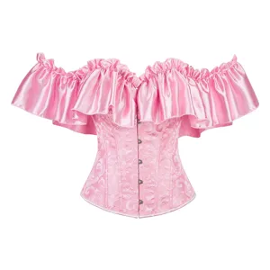Pink satin off-shoulder corset top with ruffles and floral brocade, elegant vintage bustier.