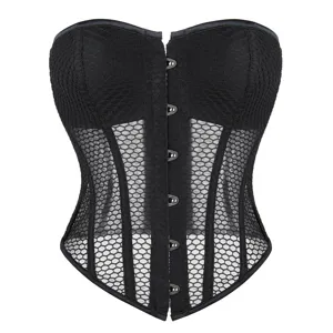 Black mesh corset shaping top detail view showing breathable fabric and front metal closure.