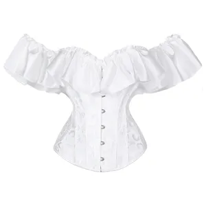 White satin off-shoulder corset top with dramatic ruffles and front busk closure for women.