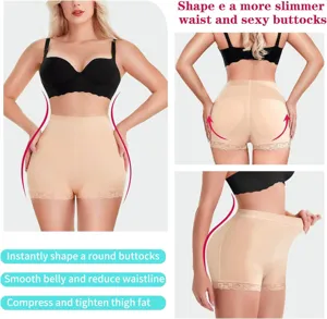 High waist shaping shorts with butt pads and lace trim for tummy control and hip lifting.