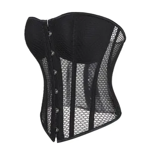 Black mesh corset top with built-in cups, breathable summer shaping bustier for women.