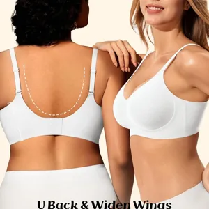 Comfortable white wireless bra with U-back design and widened side wings for support.