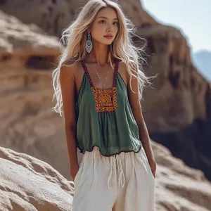 Ethnic style green camisole top with detailed chest embroidery, perfect for summer vintage looks.