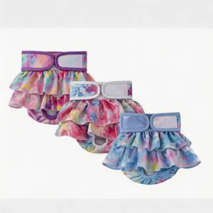 Detail shot of cute tie-dye pet sanitary pants with ruffles and straps for female dogs.