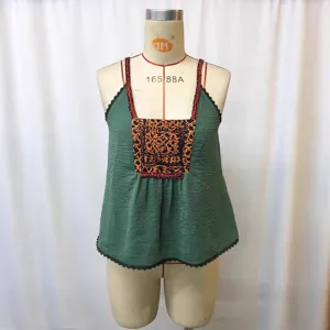 Chinese style vintage embroidered camisole strap top detail view, ethnic patchwork top.