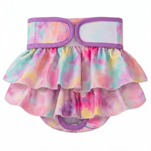 Tie-dye dog sanitary pants with ruffles, adjustable waist, cute pet diaper skirt for dogs.