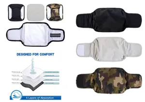 Gedetailleerd overzicht van de 4-laags absorberende honden buikband met ademende camouflage en effen.