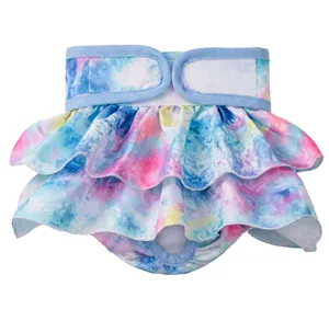 Detailed view of the tie-dye ruffle pet dog sanitary pant diaper skirt, cute and breathable.