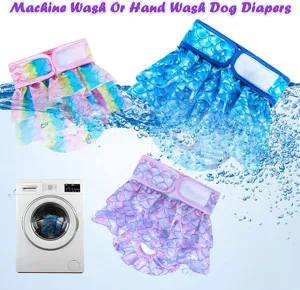 Mermaid style dog diapers with colorful fish scale ruffles, machine washable sanitary pants.