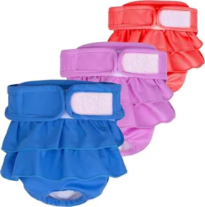 Detail view of female dog sanitary pants, reusable pet diapers featuring nice ruffles.