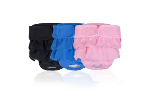 Close-up of pet sanitary pants with ruffles and adjustable strap in multiple colors.