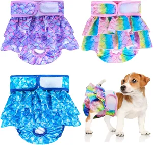 Detailed view of cute mermaid scale pet sanitary pants with ruffles and adjustable closure.