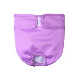 Purple washable female dog physiological pants with adjustable hook and loop and tail hole.