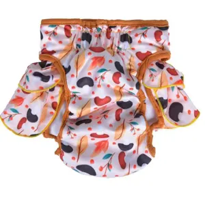 Waterproof dog diaper pet sanitary pants for female dogs with cute ruffles and autumn fruit print.