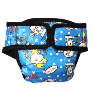 Cute blue dog sanitary pants detail featuring cartoon prints, adjustable velcro and soft black trim.
