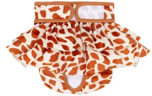 Detailed view of the cute giraffe print pet physiological pants featuring ruffles and velcro.
