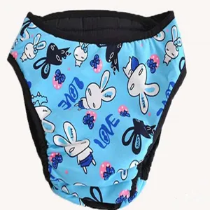 Cute blue cartoon bunny print dog physiological pants for pets with adjustable velcro straps.