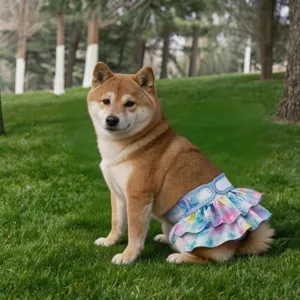 Detailed view of the cute tie-dye dog physiological pants with ruffle skirt for pets.
