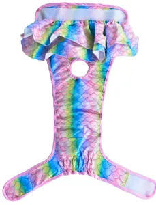 Colorful mermaid scale pet sanitary pants detail showing cute ruffles and convenient tail hole.