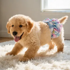 Detail view of pet physiological pants with colorful tie-dye ruffle skirt for cute dogs.