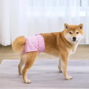 Detailed view of the pink washable dog physiological pants, professionally worn by a Shiba Inu.