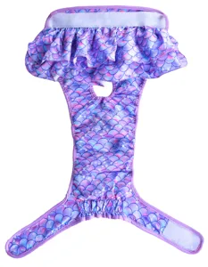 Detailed view of cute mermaid scale pet dog sanitary pants with ruffle and adjustable velcro.