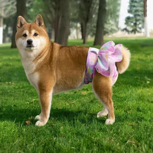 Cute female dog sanitary pants with ruffles, soft tie-dye pet diaper skirt for puppy period.