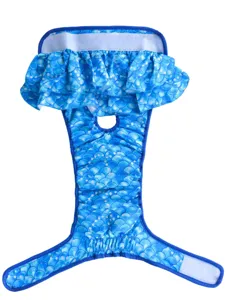 Blue mermaid scale pet sanitary pants detail shot, female dog diaper with ruffles.