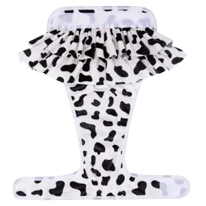 Cute cow print dog sanitary pants with ruffle skirt, washable female pet diaper briefs.