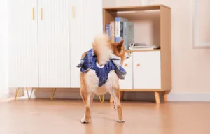 Gedetailleerd overzicht hondenbroek, blauwe denim huisdier sanitair broek met volants voor teven.