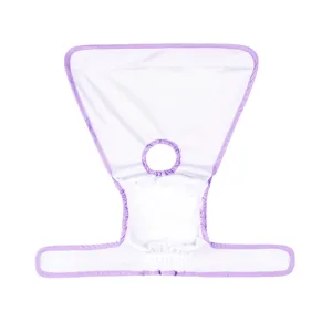 Detail shot of breathable mesh pet sanitary pants with tail hole and purple trim.
