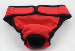 Pantaloni fisiologici rossi e neri per cani con foro per coda e chiusura in velcro sicuro per animali.