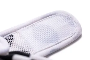 Close-up detail of white pet sanitary pants Velcro strap, breathable mesh fabric design.