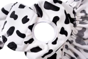 Detailed view of the cute black and white cow print pet physiological pants for dogs.
