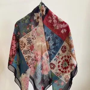 Floral patchwork square scarf, lightweight thin fabric, stylish summer travel accessory.