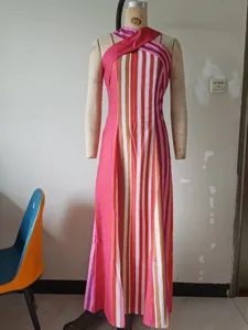 Summer elegant women cross halter sleeveless slim long striped dress for daily wear and party.