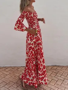 2024 elegant floral print off shoulder long sleeve maxi dress for women elegant casual wear