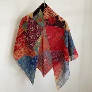 Colorful patchwork thin square scarf for women, elegant spring and summer fashion accessory.