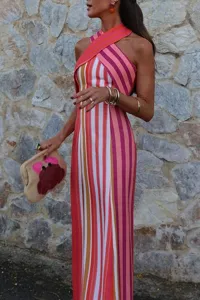 Summer elegant women's cross halter sleeveless slim long striped dress for fashion stylish looks.