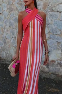 Elegant summer halter sleeveless slim long striped dress for women daily casual wear.