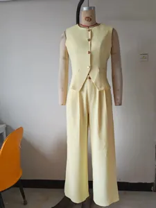 Women light yellow vest and trousers pantsuit set summer office elegant commuter suit