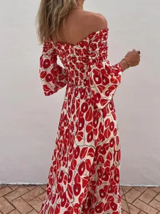 Off-shoulder smocked long sleeve red floral maxi dress, elegant back view detail.