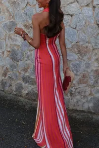 Summer elegant women's cross halter sleeveless slim long striped dress detail view.