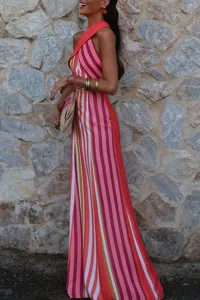 Detailed view of women's summer elegant halter sleeveless slim long striped maxi dress scene.