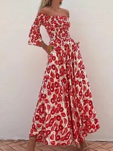 Stunning red and white floral off shoulder maxi dress with convenient pockets detail.