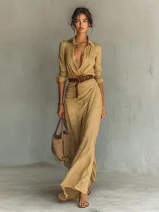 Elegant autumn dress detail, solid beige color, long sleeves, pleated and slit design.